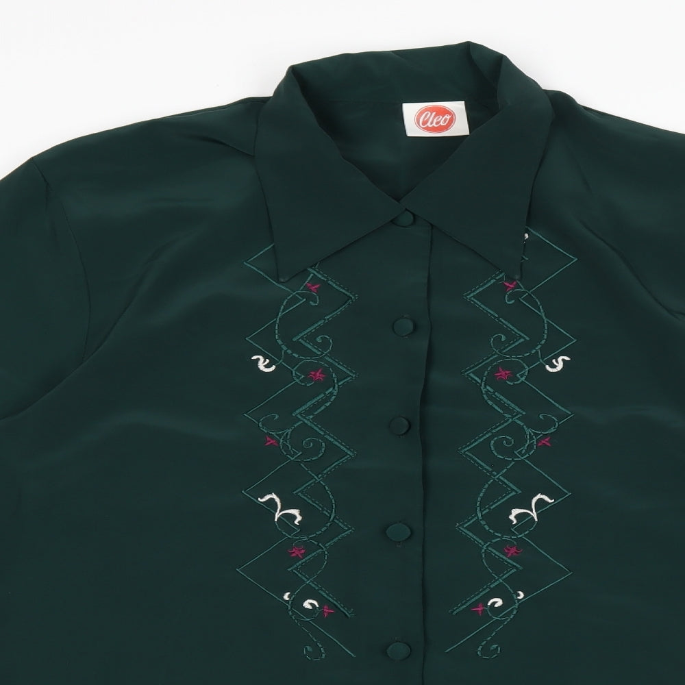 Cleo Womens Green Geometric Polyester Basic Button-Up Size 10 Collared - Embroidery