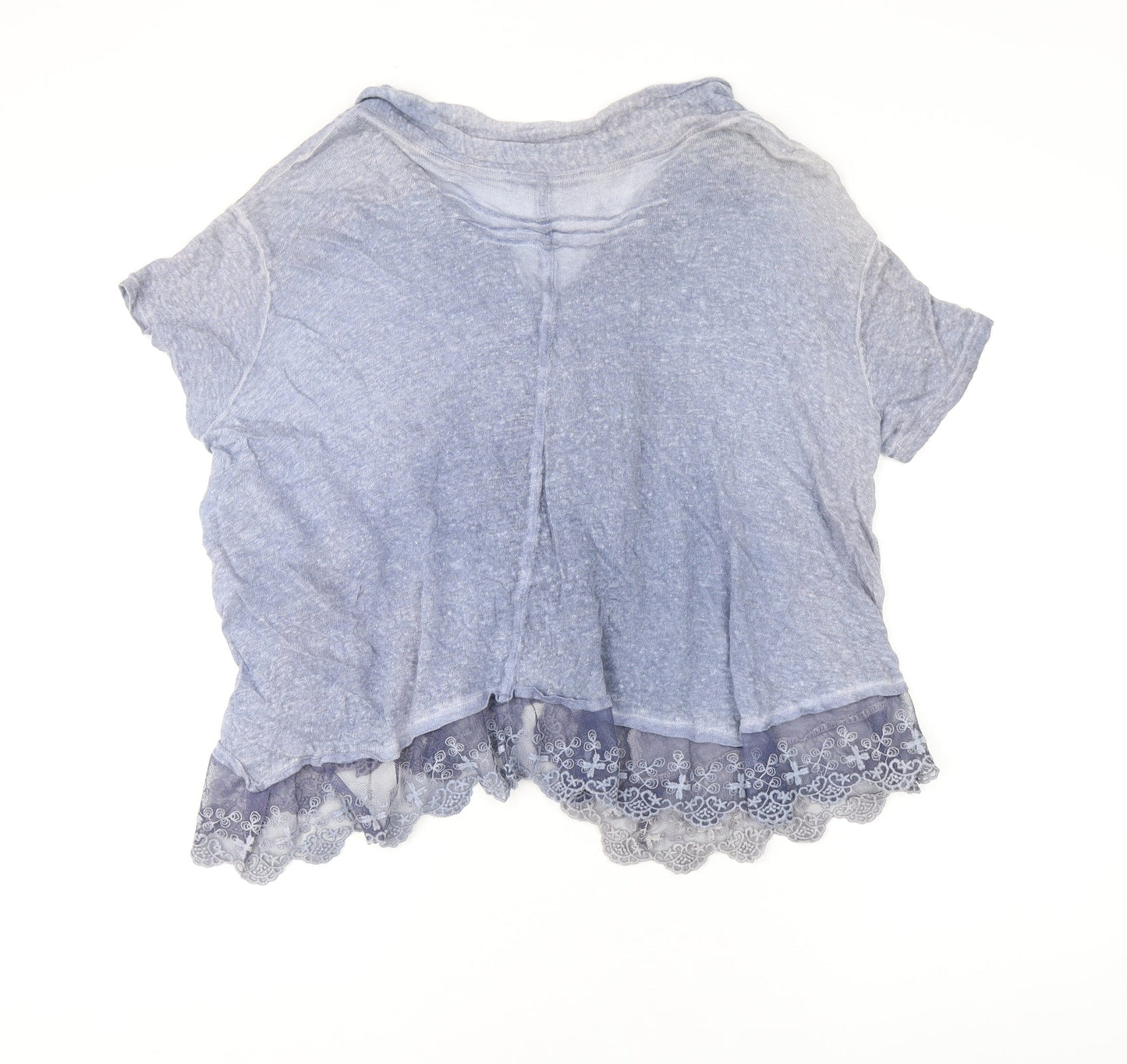 FREC Sabatier Womens Blue Linen Basic Blouse Size 12 V-Neck - Mesh Detail