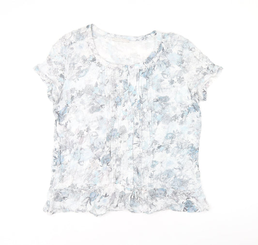 Armand Thiery Womens Blue Floral Viscose Basic T-Shirt Size 6 Scoop Neck