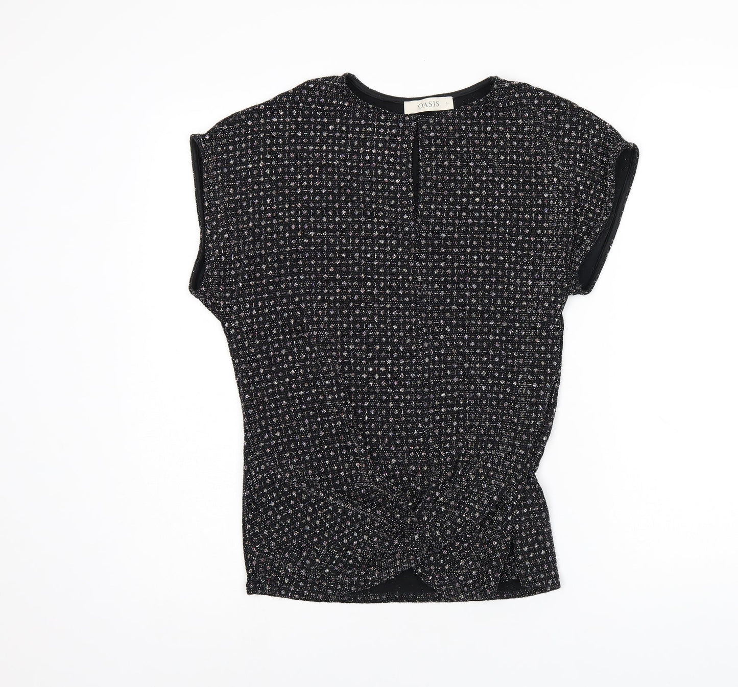 Oasis Womens Black Polyamide Basic T-Shirt Size S Round Neck - Sparkle Effect, Twist Detail, Keyhole Neck