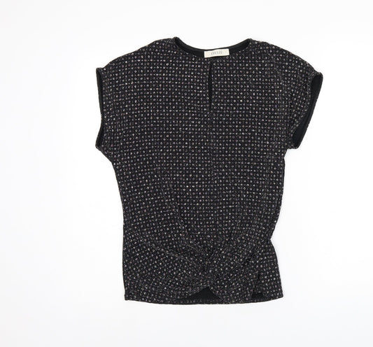 Oasis Womens Black Polyamide Basic T-Shirt Size S Round Neck - Sparkle Effect, Twist Detail, Keyhole Neck