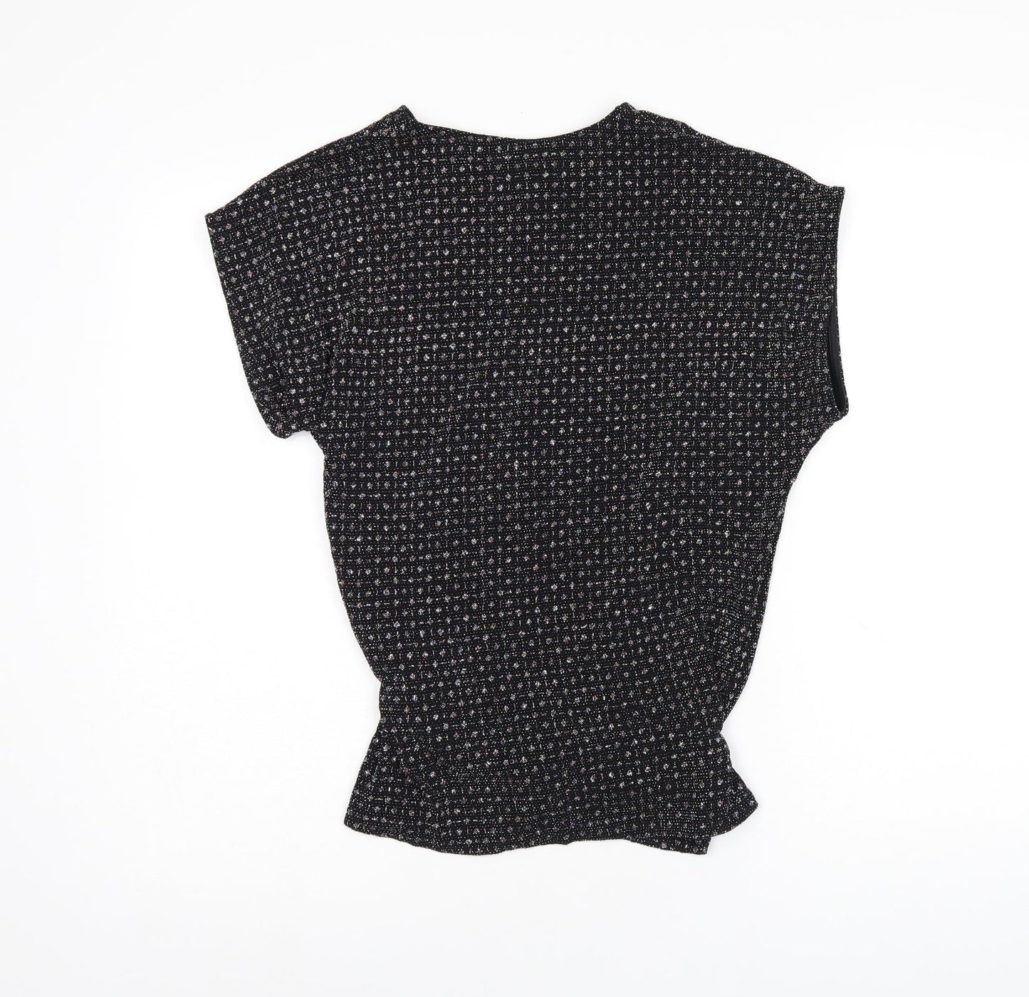 Oasis Womens Black Polyamide Basic T-Shirt Size S Round Neck - Sparkle Effect, Twist Detail, Keyhole Neck