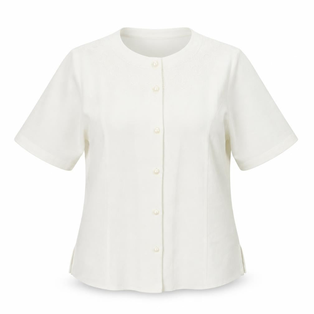 EWM Womens White Polyester Basic Blouse Size 12 Round Neck - Embroidered detail