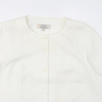 EWM Womens White Polyester Basic Blouse Size 12 Round Neck - Embroidered detail