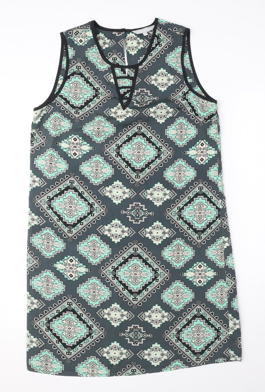 Red Herring Womens Blue Geometric Polyester Tank Dress Size 12 Round Neck Button - Keyhole Neck
