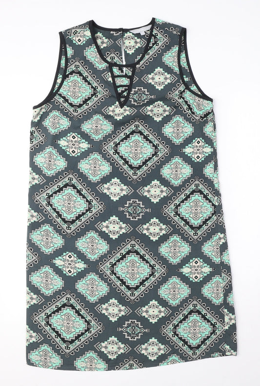 Red Herring Womens Blue Geometric Polyester Tank Dress Size 12 Round Neck Button - Keyhole Neck