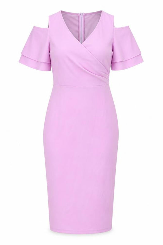 Quiz Womens Purple Polyester Pencil Dress Size 8 V-Neck Zip - Cold Shoulder, Ruffle Sleeves