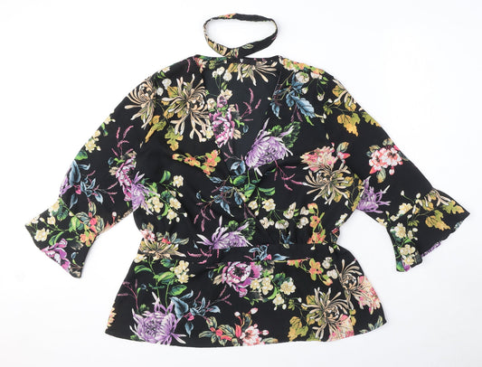 Very Womens Black Floral Polyester Wrap Blouse Size 16 V-Neck - Neck Choker Detail