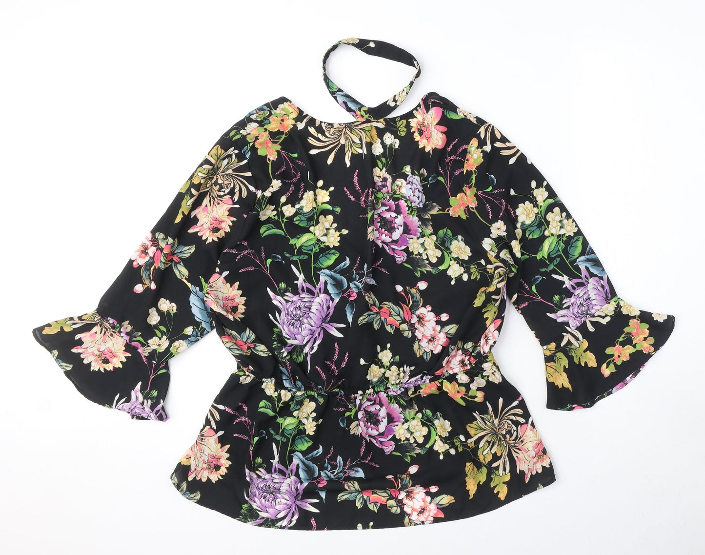 Very Womens Black Floral Polyester Wrap Blouse Size 16 V-Neck - Neck Choker Detail
