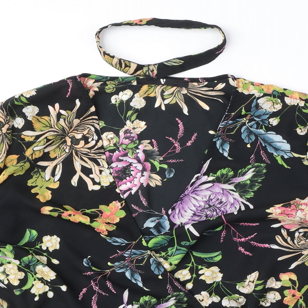 Very Womens Black Floral Polyester Wrap Blouse Size 16 V-Neck - Neck Choker Detail