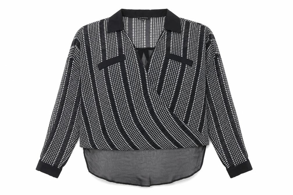 Warehouse Womens Black Geometric Polyester Wrap Blouse Size 8 V-Neck