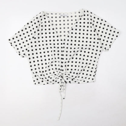 Zara Womens White Polka Dot Polyester Basic Blouse Size S V-Neck