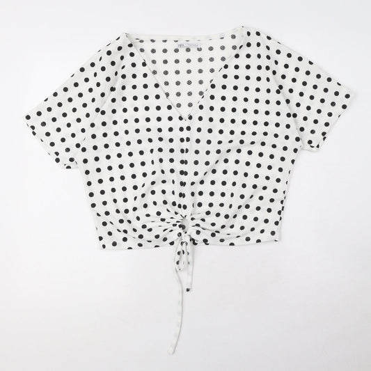 Zara Womens White Polka Dot Polyester Basic Blouse Size S V-Neck