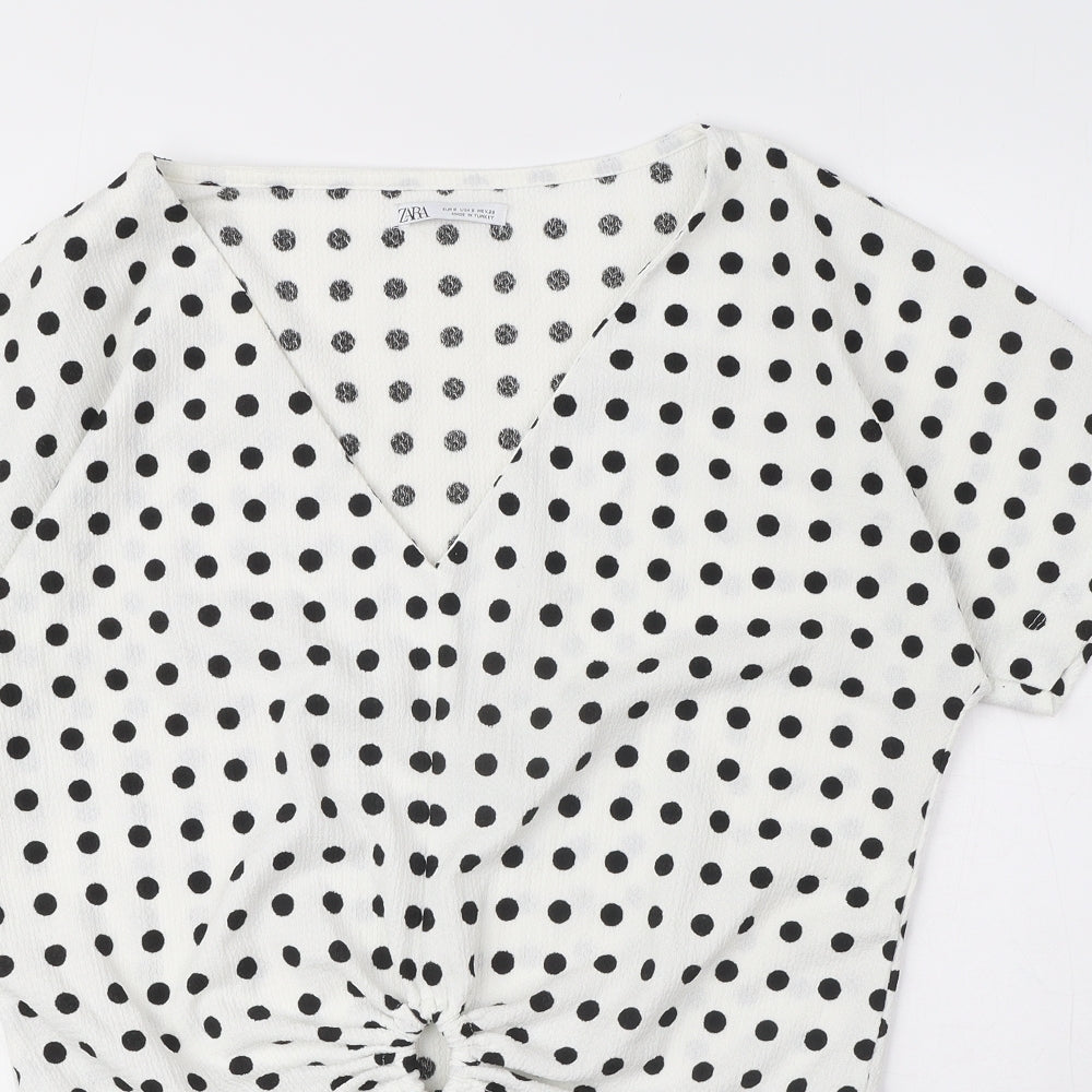 Zara Womens White Polka Dot Polyester Basic Blouse Size S V-Neck
