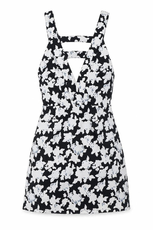 Front view of Missguided women’s black floral polyester a-line, size UK 8, v-neck zip - cut out detail