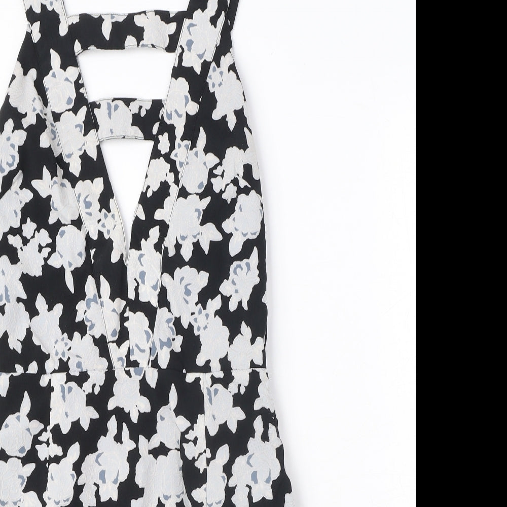Missguided Womens Black Floral Polyester A-Line Size 8 V-Neck Zip - Cut Out Detail