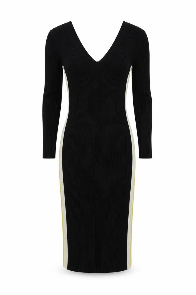 Miss Selfridge Womens Black Viscose Jumper Dress Size 6 V-Neck Pullover - Ribbed Side Stripe