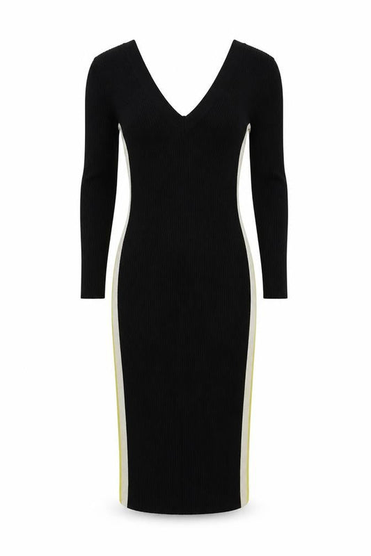 Miss Selfridge Womens Black Viscose Jumper Dress Size 6 V-Neck Pullover - Ribbed Side Stripe