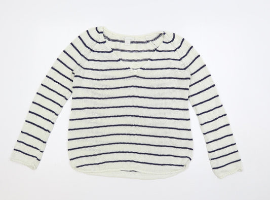 H&M Womens White V-Neck Striped Acrylic Pullover Jumper Size S