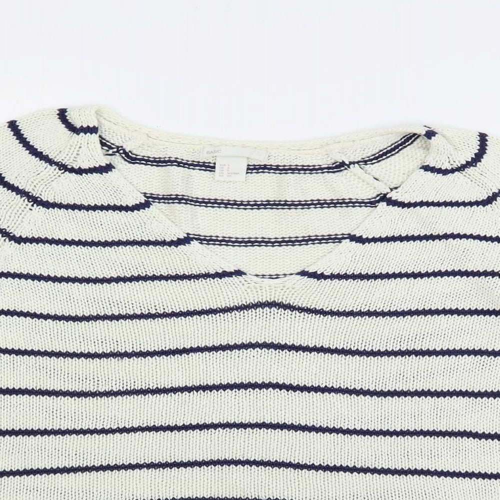 H&M Womens White V-Neck Striped Acrylic Pullover Jumper Size S
