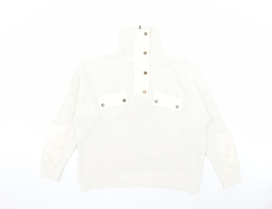 Mango Mens Beige High Neck Acrylic Henley Jumper Size XL Long Sleeve - Elbow Patches