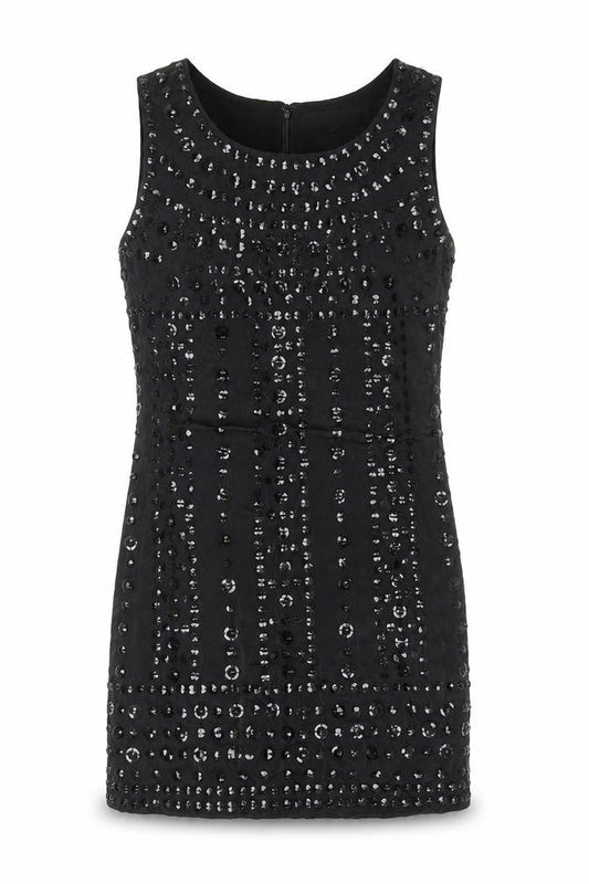 Front view of French Connection women’s black viscose a-line, size UK 6, round neck zip - sequin detail
