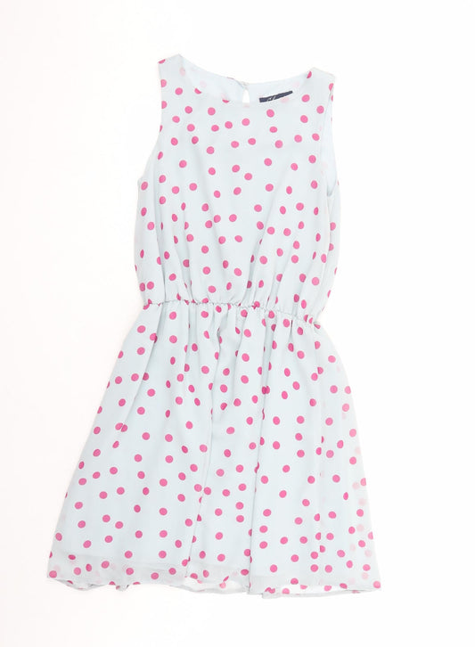 Closet Womens Blue Polka Dot Polyester Fit & Flare Size 8 Boat Neck Button