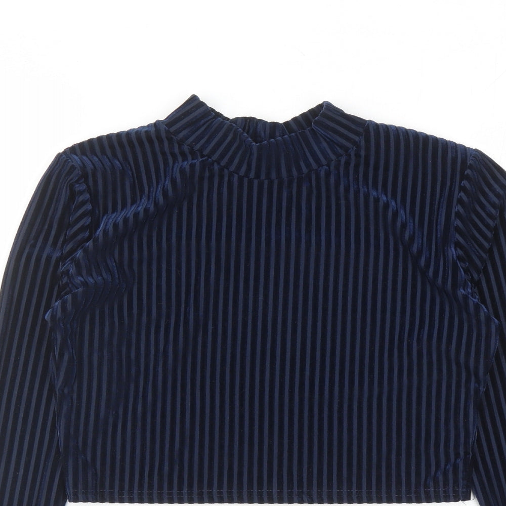 Glamorous Womens Blue Polyester Cropped Blouse Size 10 Mock Neck
