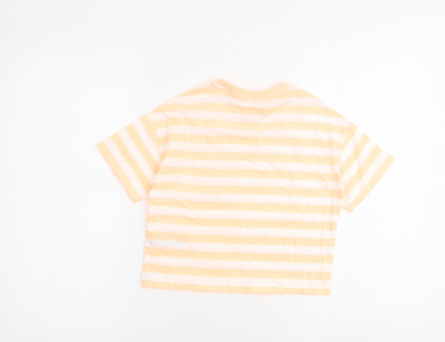 Marks and Spencer Girls Orange Striped Cotton Basic T-Shirt Size 7-8 Years Round Neck Pullover