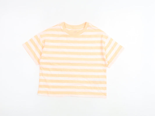 Marks and Spencer Girls Orange Striped Cotton Basic T-Shirt Size 7-8 Years Round Neck Pullover