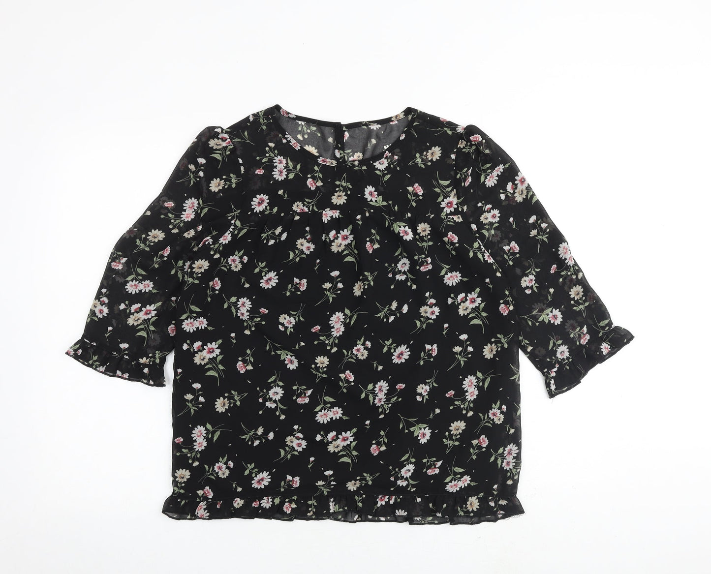 Allegra K Womens Black Floral Polyester Basic Blouse Size S Round Neck