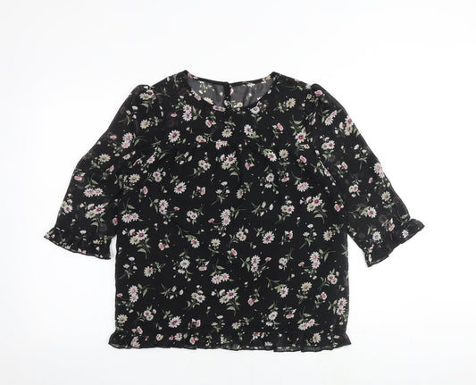 Allegra K Womens Black Floral Polyester Basic Blouse Size S Round Neck