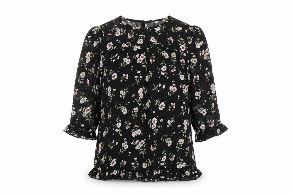 Allegra K Womens Black Floral Polyester Basic Blouse Size S Round Neck