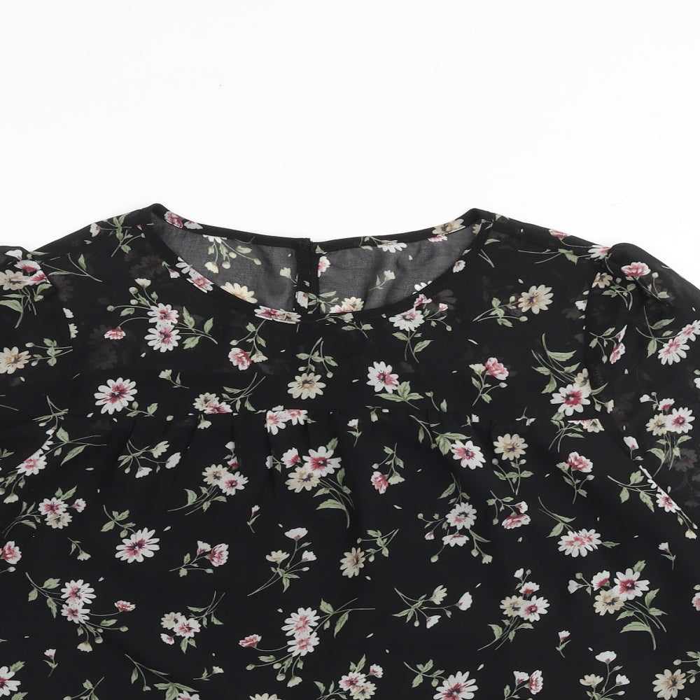 Allegra K Womens Black Floral Polyester Basic Blouse Size S Round Neck