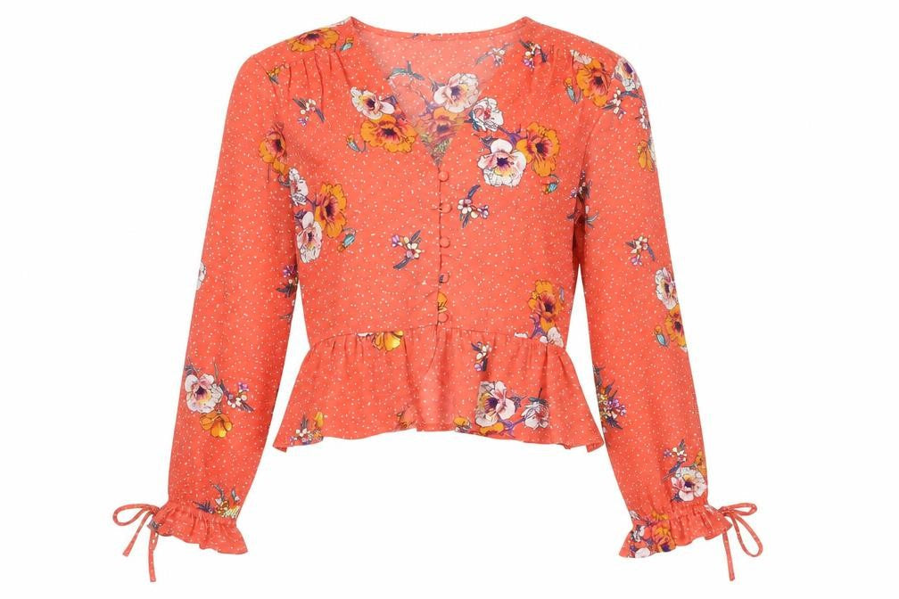 Neon Rose Womens Pink Polka Dot Polyester Basic Blouse Size XS V-Neck - Floral Frill