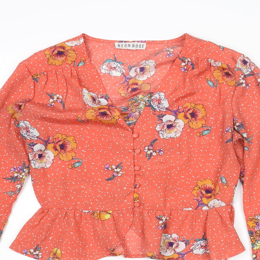 Neon Rose Womens Pink Polka Dot Polyester Basic Blouse Size XS V-Neck - Floral Frill