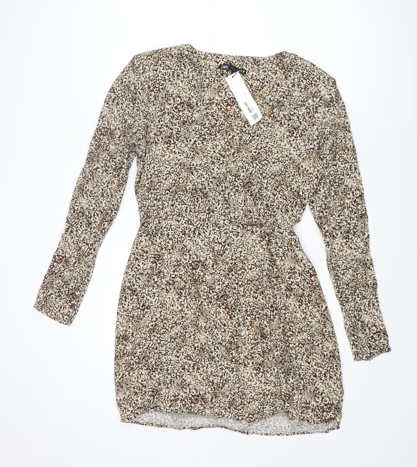 Zara Womens Beige Geometric Viscose Wrap Dress Size M V-Neck Button