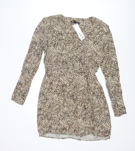 Zara Womens Beige Geometric Viscose Wrap Dress Size M V-Neck Button