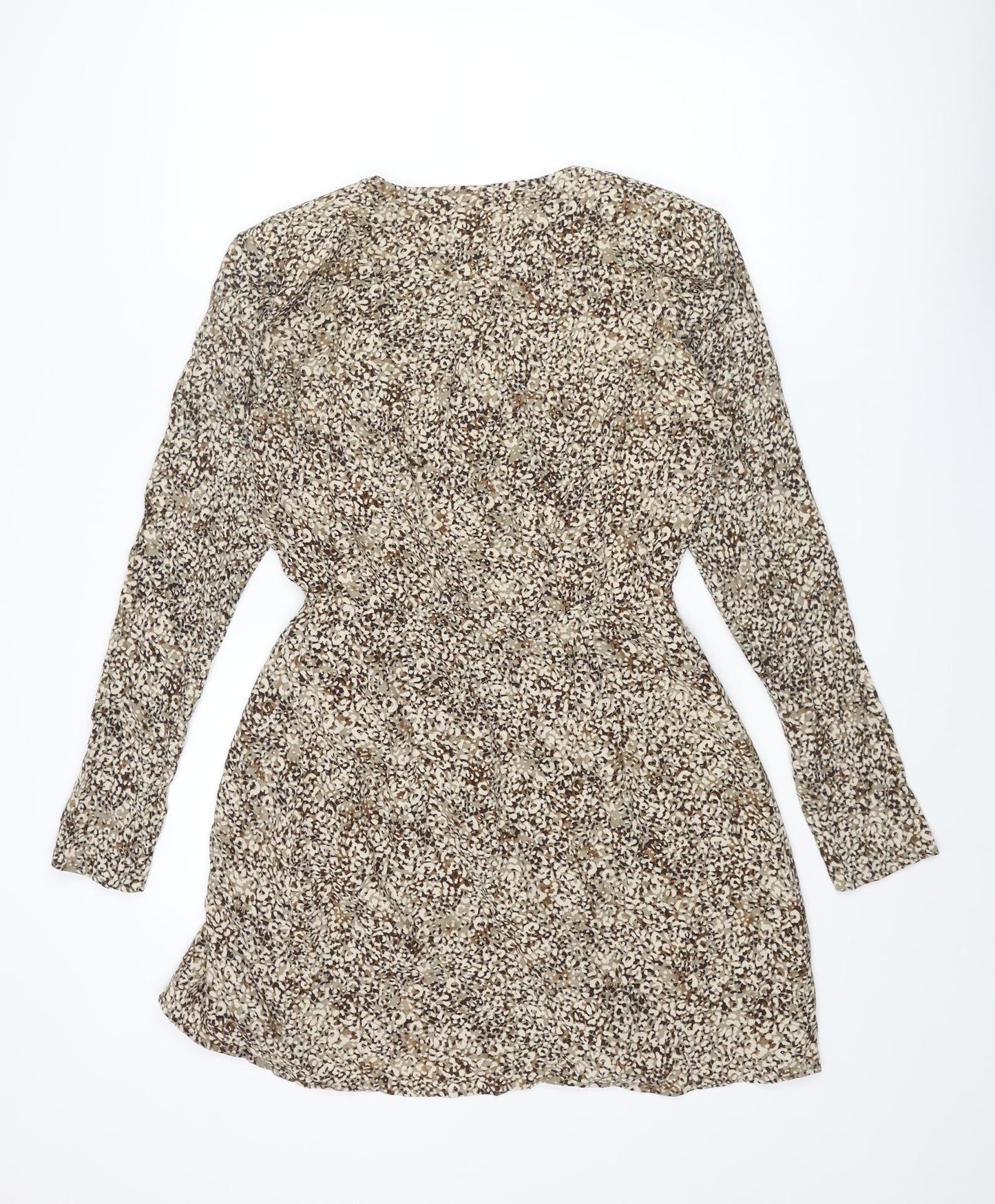 Zara Womens Beige Geometric Viscose Wrap Dress Size M V-Neck Button