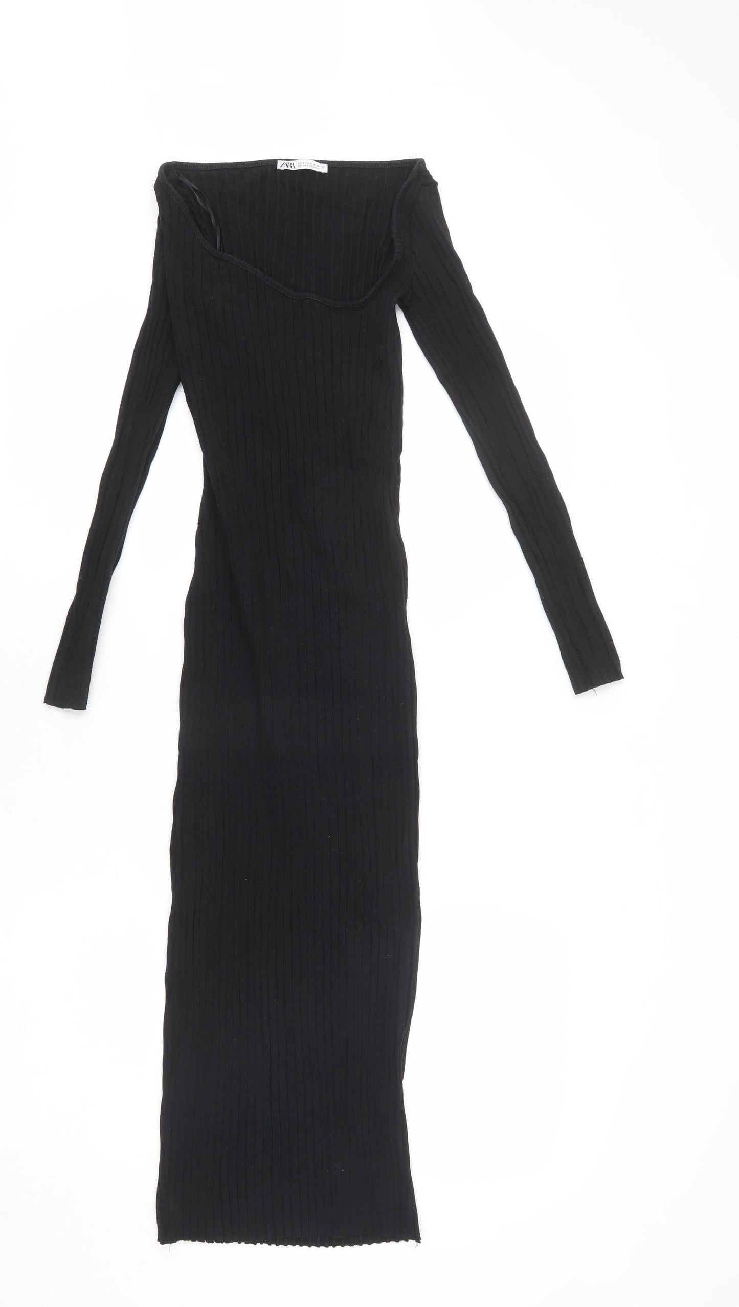 Zara Womens Black Cotton Bodycon Size S Scoop Neck Pullover - Stretchy, Ribbed