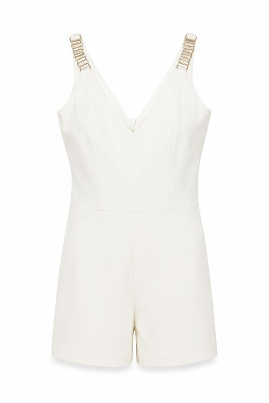 Front view of Miss Selfridge women’s white polyester romper one-piece, size UK 6, zip - chain strap