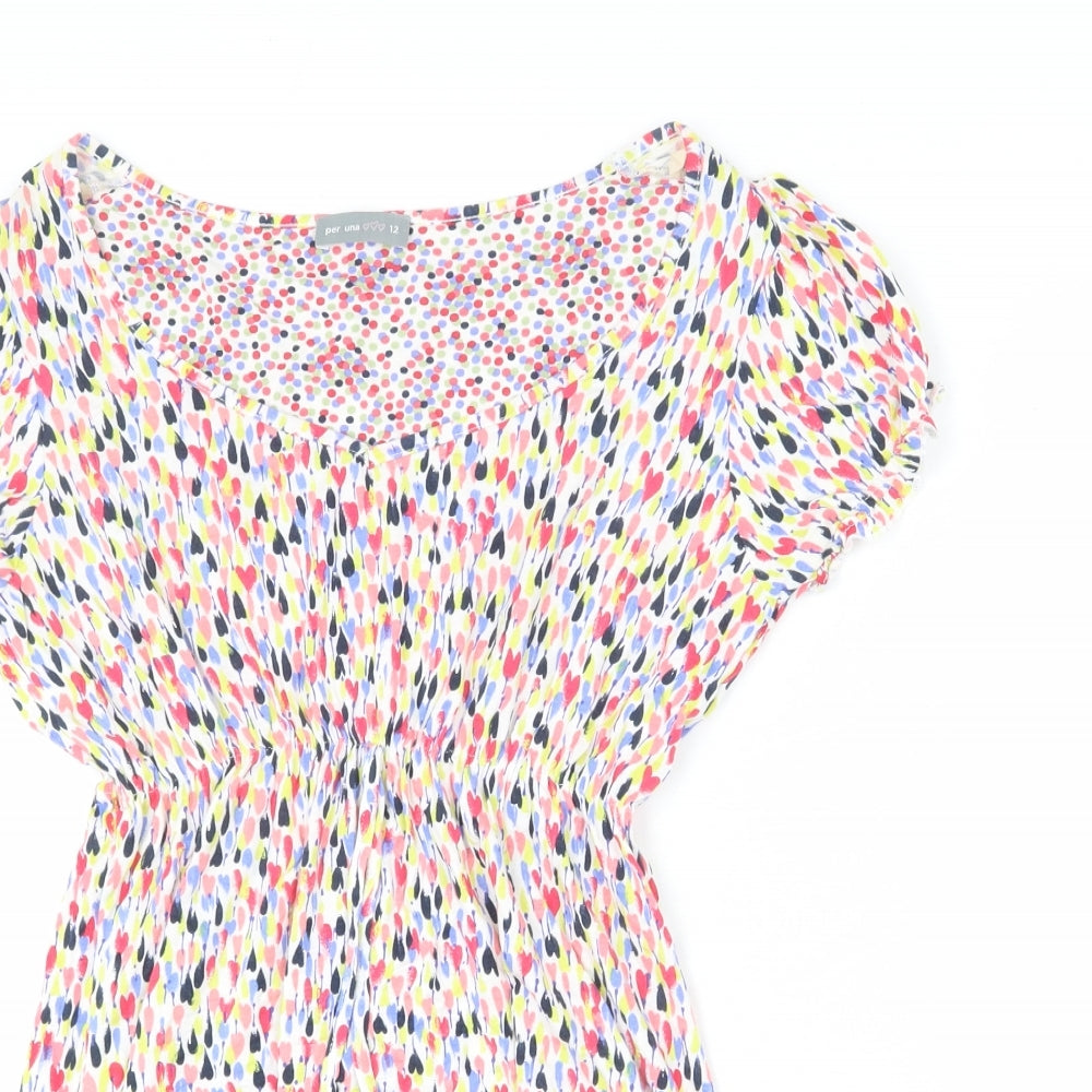 Per Una Womens Multicoloured Geometric Viscose Tunic T-Shirt Size 12 V-Neck - Elastic Waist