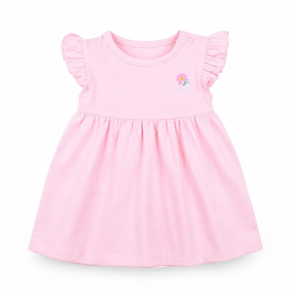 Marks & Spencer Girls Pink 100% Cotton A-Line Size 3-6 Months Round Neck Snap - Ruffle Detail, Happy, Flower