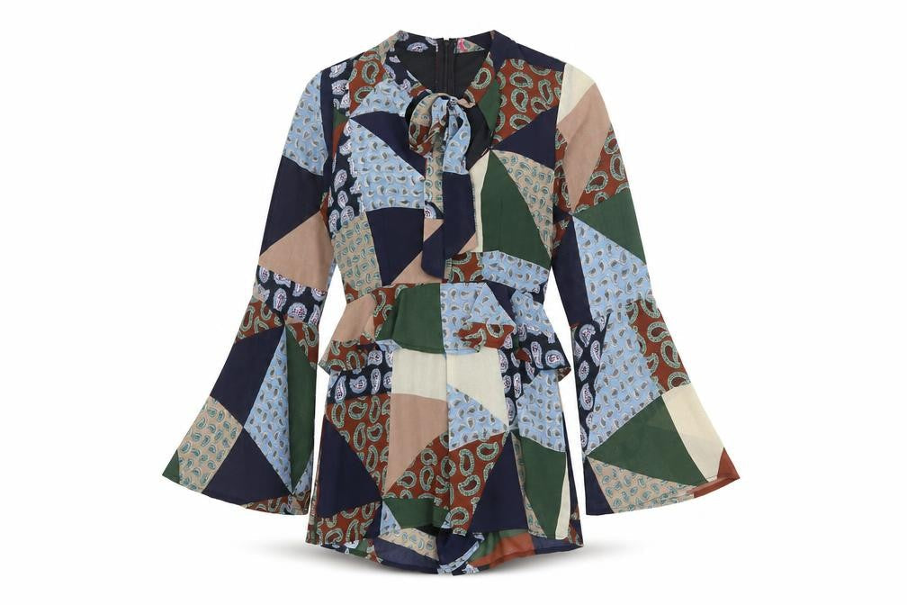 booho Womens Multicoloured Geometric Polyester Romper One-Piece Size 8 L3 in Zip - Patchwork, Tie Detail