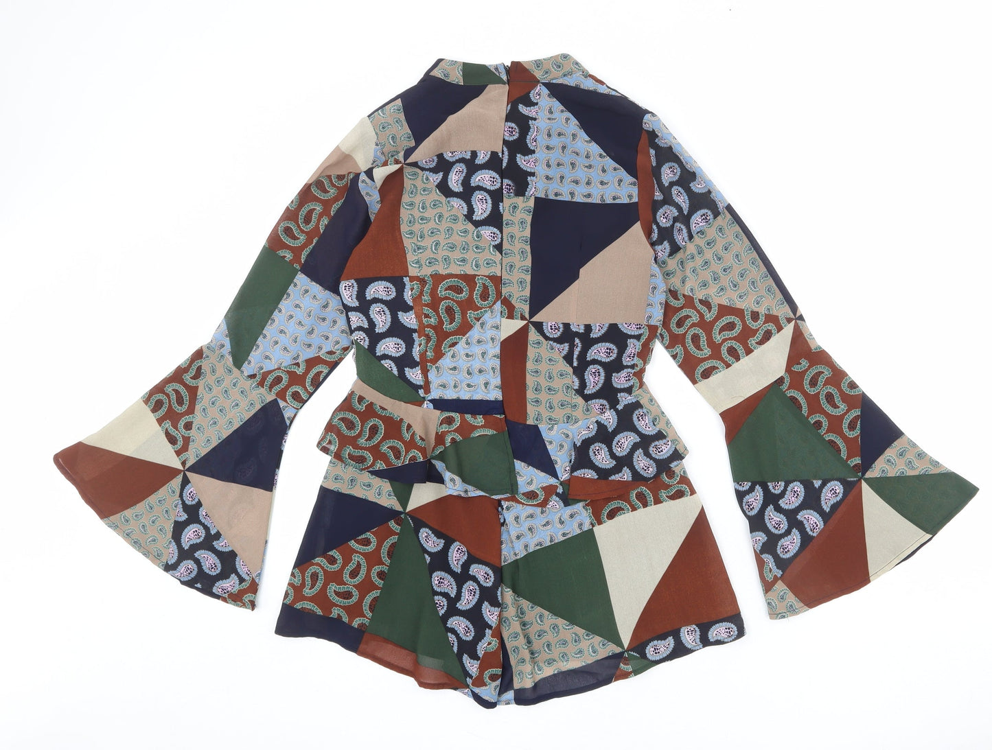 booho Womens Multicoloured Geometric Polyester Romper One-Piece Size 8 L3 in Zip - Patchwork, Tie Detail