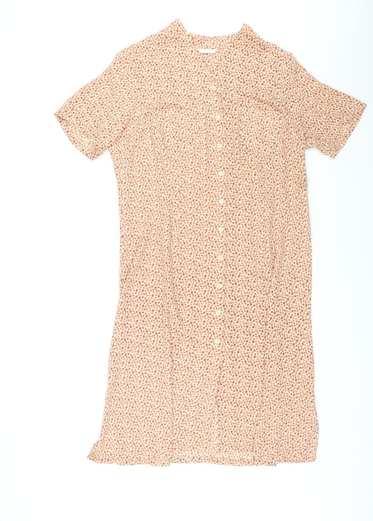 Marks and Spencer Womens Beige Geometric Polyester Shirt Dress Size 18 V-Neck Button