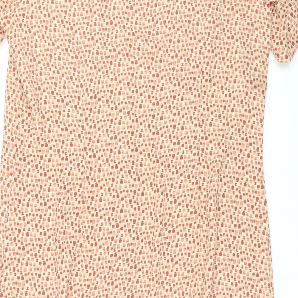 Marks and Spencer Womens Beige Geometric Polyester Shirt Dress Size 18 V-Neck Button