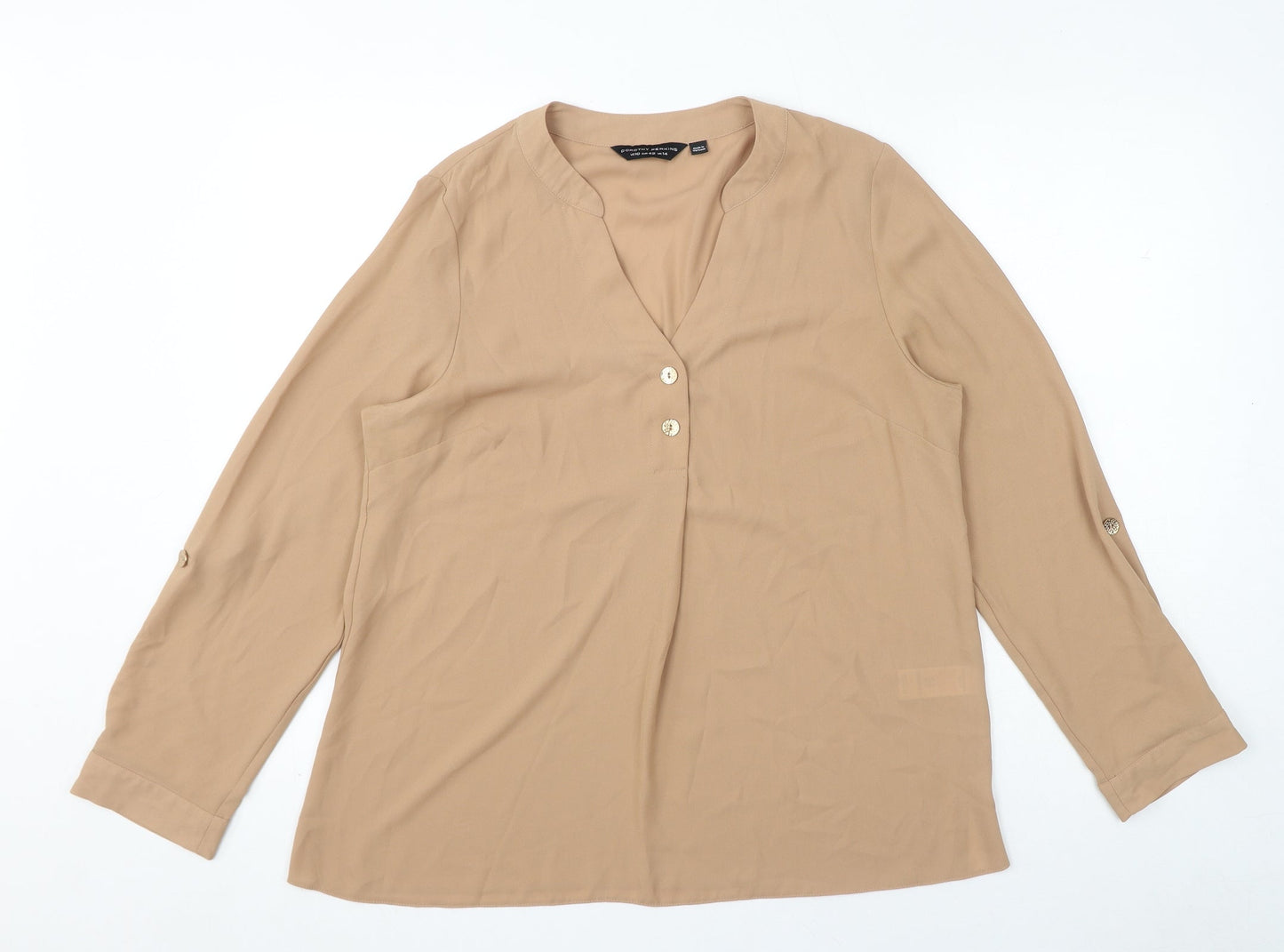 Dorothy Perkins Womens Brown Polyester Basic Blouse Size 14 V-Neck - Roll Up Sleeves