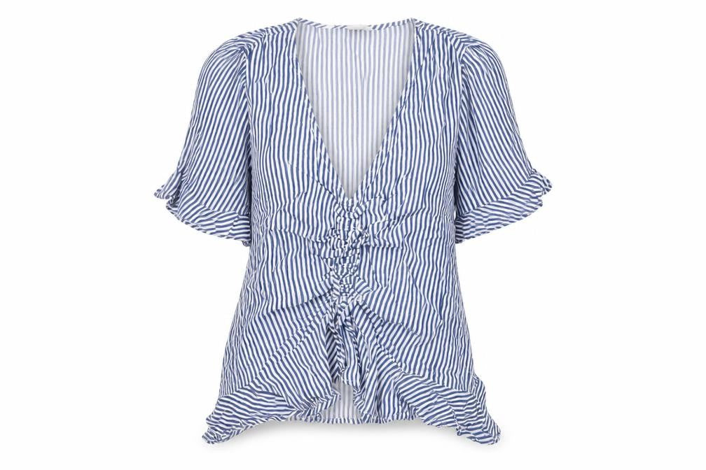 H&M Womens Blue Striped Viscose Basic Blouse Size 8 V-Neck - Rushed Detail