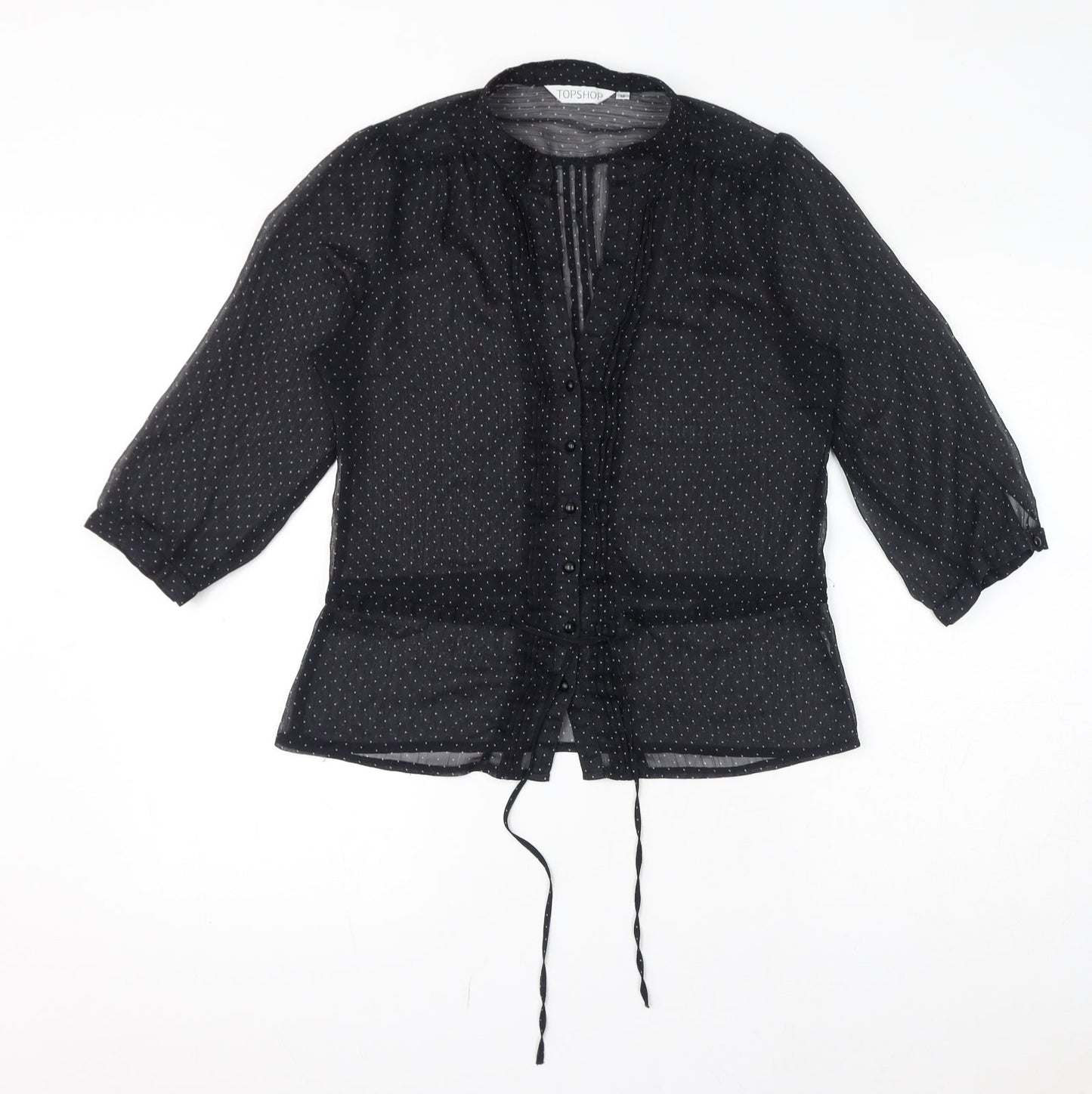 Topshop Womens Black Polka Dot Polyester Basic Button-Up Size 12 V-Neck - Sheer